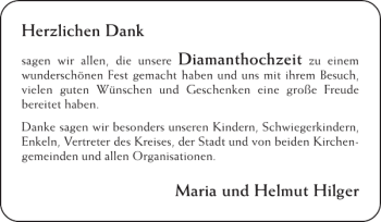 Glückwunschanzeige von Diamanthochzeit Maria und Helmut Hilger von Super Sonntag / Super Mittwoch