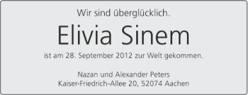 Glückwunschanzeige von Elivia Sinem von Aachener Zeitung / Aachener Nachrichten