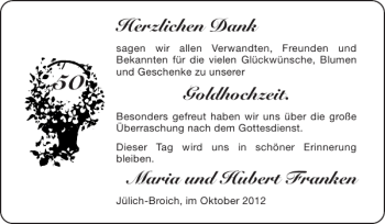 Glückwunschanzeige von Goldhochzeit. Maria und Hubert Franken von Super Sonntag / Super Mittwoch