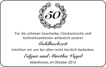 Glückwunschanzeige von Goldhochzeit Edgar und Martha Vogel von Super Sonntag / Super Mittwoch