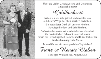 Glückwunschanzeige von Goldhochzeit Franz Renate Claßen von Super Sonntag / Super Mittwoch