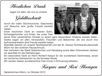 Glückwunschanzeige von Goldhochzeit Kaspar und Resi Hoengen von Super Sonntag / Super Mittwoch