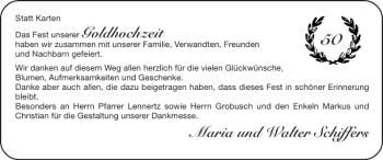 Glückwunschanzeige von Goldhochzeit Maria und Walter Schiffers von Super Sonntag / Super Mittwoch