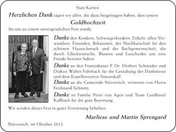 Glückwunschanzeige von Goldhochzeit Marliese und Martin Sprengard von Super Sonntag / Super Mittwoch