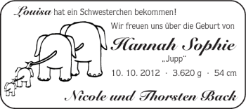 Glückwunschanzeige von Hannah Sophie von Super Sonntag / Super Mittwoch