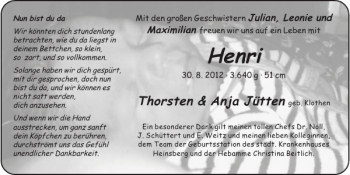 Glückwunschanzeige von Henri  von Super Sonntag / Super Mittwoch