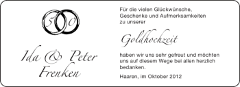Glückwunschanzeige von Ida Peter Frenken von Aachener Zeitung / Aachener Nachrichten