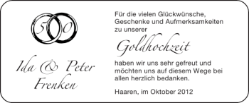 Glückwunschanzeige von Ida Peter Frenken Goldhochzeit von Super Sonntag / Super Mittwoch
