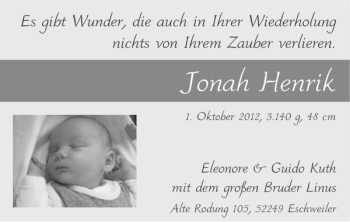Glückwunschanzeige von Jonah Henrik von Super Sonntag / Super Mittwoch