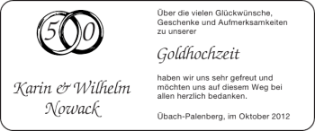 Glückwunschanzeige von Karin Wilhelm Nowack Goldhochzeit von Super Sonntag / Super Mittwoch