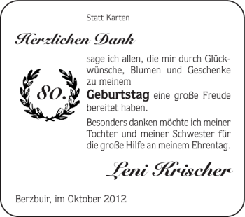 Glückwunschanzeige von Leni Krischer von Super Sonntag / Super Mittwoch