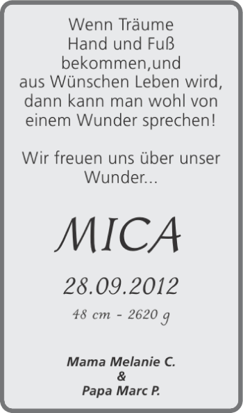 Glückwunschanzeige von MICA  von Super Sonntag / Super Mittwoch