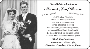 Glückwunschanzeige von Maria Josef Riesen von Aachener Zeitung / Aachener Nachrichten