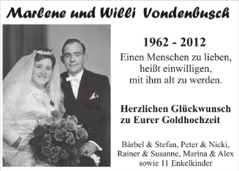 Glückwunschanzeige von Marlene und Willi Vondenbusch von Aachener Zeitung / Aachener Nachrichten