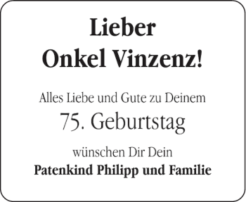 Glückwunschanzeige von Onkel Vinzenz von Aachener Zeitung / Aachener Nachrichten