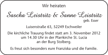 Glückwunschanzeige von Sascha Leistritz Sanne Leistritz von Super Sonntag / Super Mittwoch