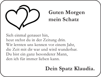 Glückwunschanzeige von Schatz Spatz Klaudia von Super Sonntag / Super Mittwoch