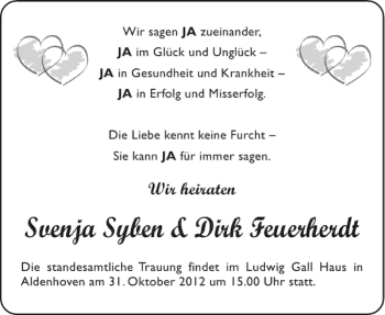 Glückwunschanzeige von Svenja Syben Dirk Feuerherdt von Aachener Zeitung / Aachener Nachrichten