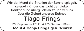 Glückwunschanzeige von Tiago Frings von Super Sonntag / Super Mittwoch