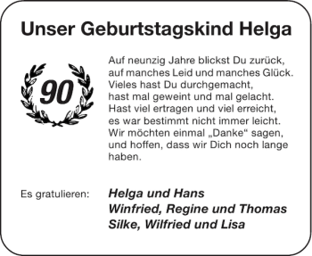 Glückwunschanzeige von Unser Geburtstagskind Helga von Aachener Zeitung / Aachener Nachrichten
