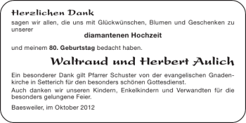 Glückwunschanzeige von Waltraud und Herbert Aulich von Super Sonntag / Super Mittwoch