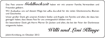 Glückwunschanzeige von Willi und Leni Klinge von Aachener Zeitung / Aachener Nachrichten