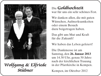 Glückwunschanzeige von Wolfgang Elfriede Stübner Goldhochzeit von Super Sonntag / Super Mittwoch