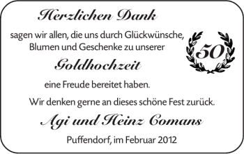 Glückwunschanzeige von Goldhochzeit Agi und Heinz Comans von Super Sonntag / Super Mittwoch