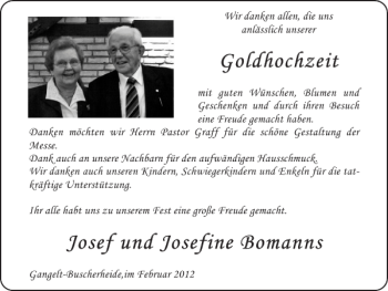 Glückwunschanzeige von Goldhochzeit Josef und Josefine Bomanns von Super Sonntag / Super Mittwoch
