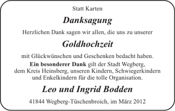 Glückwunschanzeige von Danksagung Goldhochzeit Leo und Ingrid Bodden  von Super Sonntag / Super Mittwoch