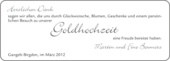 Glückwunschanzeige von Goldhochzeit  von Aachener Zeitung / Aachener Nachrichten