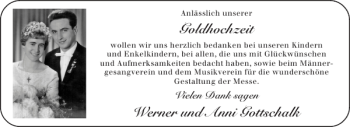 Glückwunschanzeige von Goldhochzeit Werner und Anni Gottschalk von Aachener Zeitung / Aachener Nachrichten