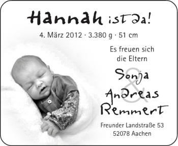 Glückwunschanzeige von Hannah  von Aachener Zeitung / Aachener Nachrichten