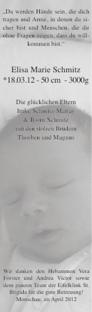 Glückwunschanzeige von Elisa Marie Schmitz-cm-3000g von Aachener Zeitung / Aachener Nachrichten