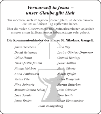 Glückwunschanzeige von Kommunionkinder der Pfarrei St. Nikolaus von Super Sonntag / Super Mittwoch