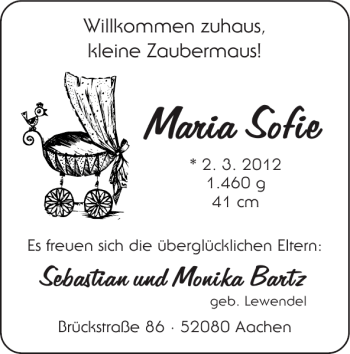 Glückwunschanzeige von Maria Sofie von Super Sonntag / Super Mittwoch