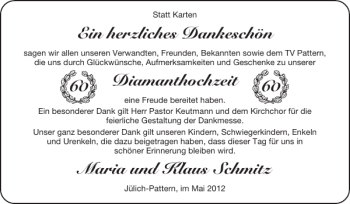 Glückwunschanzeige von Diamanthochzeit Maria und Klaus Schmitz von Super Sonntag / Super Mittwoch
