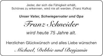 Glückwunschanzeige von Franz Schneider von Aachener Zeitung / Aachener Nachrichten