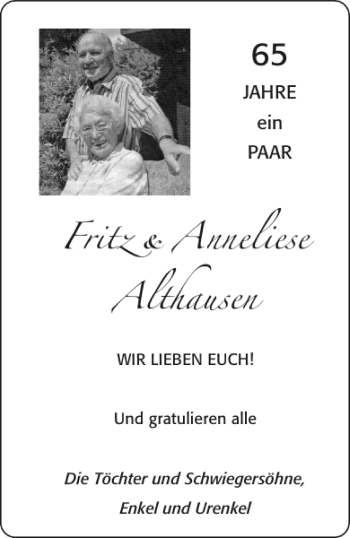 Glückwunschanzeige von Fritz Anneliese Althausen von Aachener Zeitung / Aachener Nachrichten
