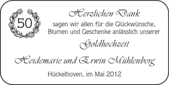 Glückwunschanzeige von Goldhochzeit Heidemarie und Erwin Mühlenberg von Super Sonntag / Super Mittwoch