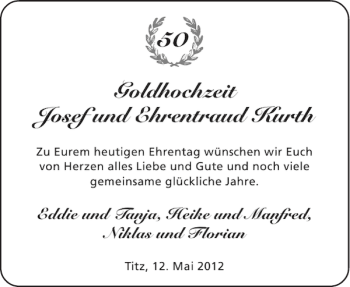 Glückwunschanzeige von Goldhochzeit Josef und Ehrentraud Kurth von Aachener Zeitung / Aachener Nachrichten