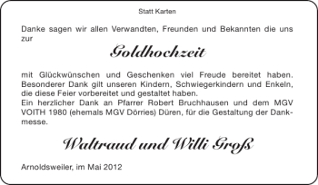 Glückwunschanzeige von Goldhochzeit Waltraud und Willi Groß von Super Sonntag / Super Mittwoch