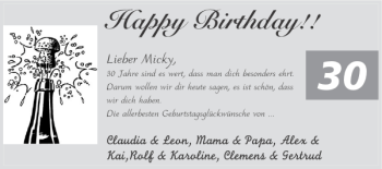 Glückwunschanzeige von Happy Birthday lieber Micky von Super Sonntag / Super Mittwoch