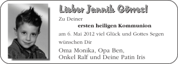 Glückwunschanzeige von Jannik Görres von Aachener Zeitung / Aachener Nachrichten