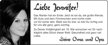 Glückwunschanzeige von Jennifer  von Super Sonntag / Super Mittwoch