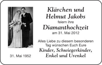 Glückwunschanzeige von Klärchen und Helmut Jakobs Diamanthochzeit von Super Sonntag / Super Mittwoch