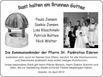 Glückwunschanzeige von Kommunionkinder der Pfarre St. Pankratius Ederen bedanken  von Super Sonntag / Super Mittwoch