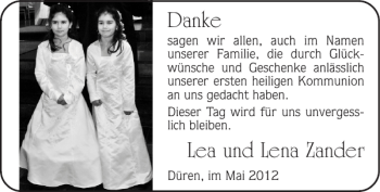 Glückwunschanzeige von Lea und Lena Zander von Super Sonntag / Super Mittwoch
