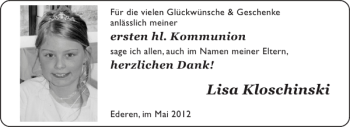 Glückwunschanzeige von Lisa Kloschinski von Aachener Zeitung / Aachener Nachrichten