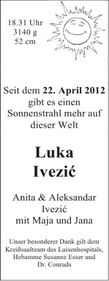 Glückwunschanzeige von Luka Iveziü von Aachener Zeitung / Aachener Nachrichten